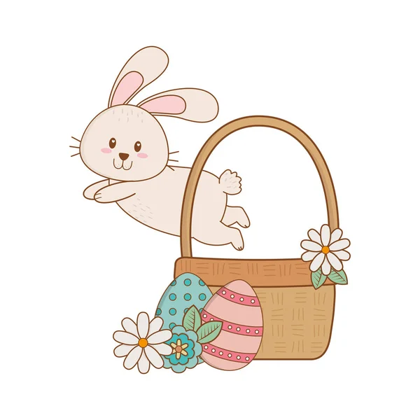 Маленький кролик с закрашенной в яйца пасхой в корзине — стоковый вектор