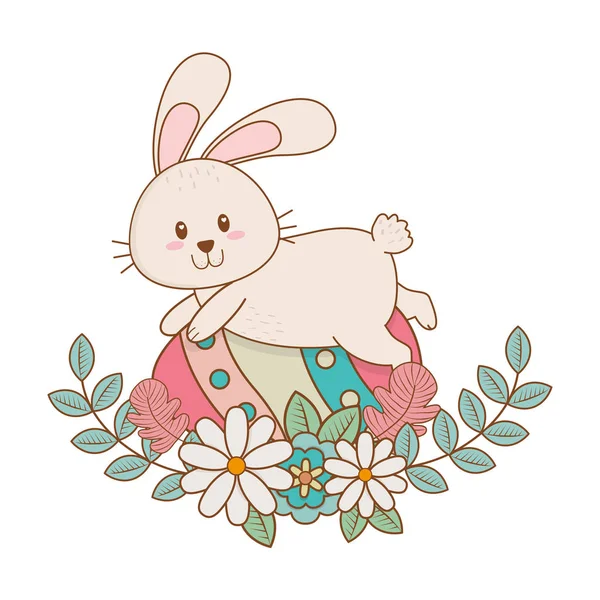 Μικρή κουνέλι με αυγό βαμμένο και λουλούδια Πάσχας χαρακτήρα — Διανυσματικό Αρχείο
