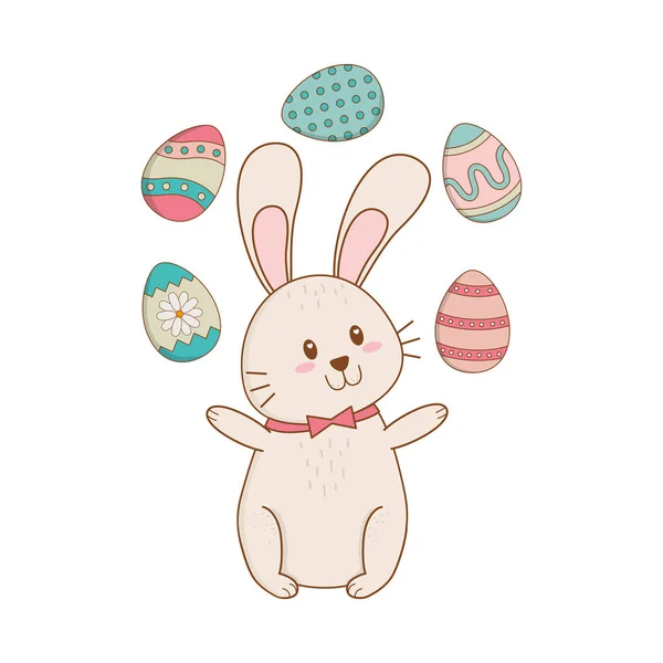 Pequeño conejo con huevos pintados carácter de Pascua — Vector de stock