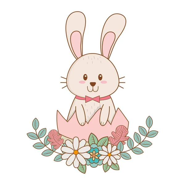 Little rabbit with egg broken painted and flowers — Stock Vector