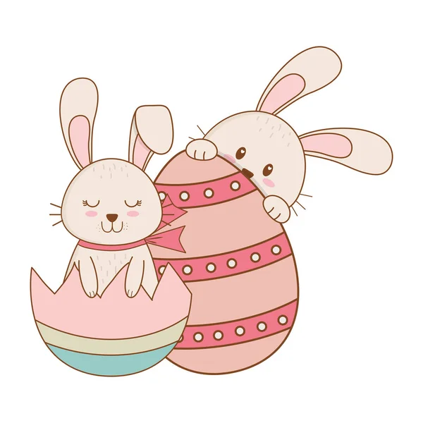 Pequeños conejos con carácter de Pascua pintado de huevo — Vector de stock