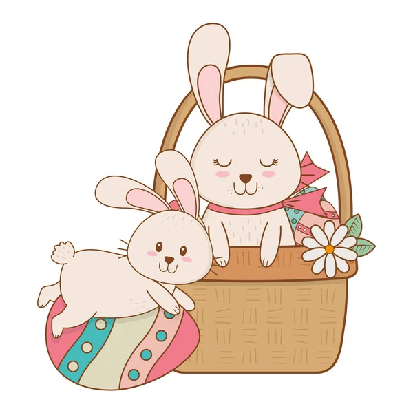 Pequeños conejos con huevo pintado en carácter de Pascua cesta — Vector de stock