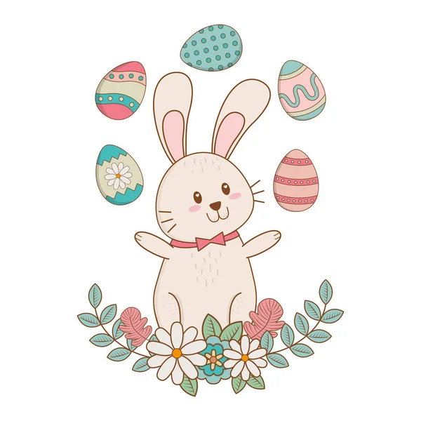 Petit lapin avec oeuf peint et fleurs caractère Pâques — Image vectorielle