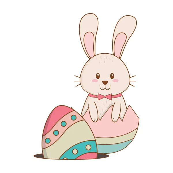 Pequeño conejo con huevo roto pintado carácter de Pascua — Vector de stock