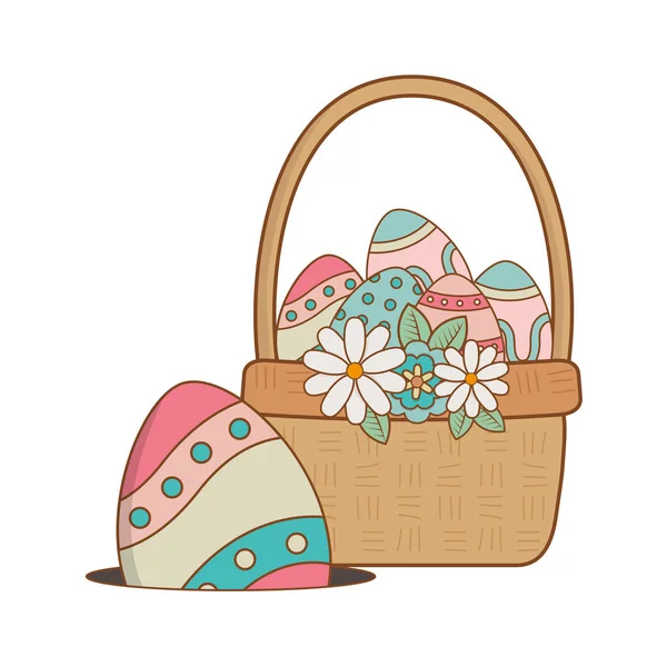 Huevos bellos pintados en cesta con flores — Vector de stock