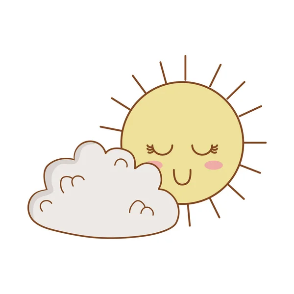 Şirin bulutlar ve güneş kawaii karakterler — Stok Vektör