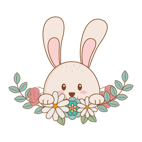 Pequeño conejo con flores carácter de Pascua — Vector de stock