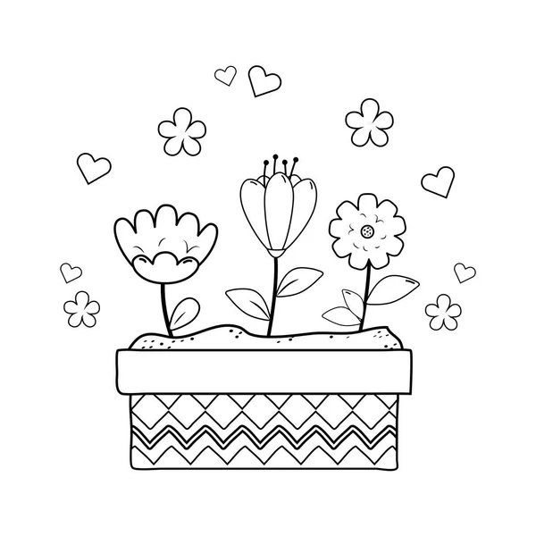 Söta blommor och blad i potten trädgård — Stock vektor