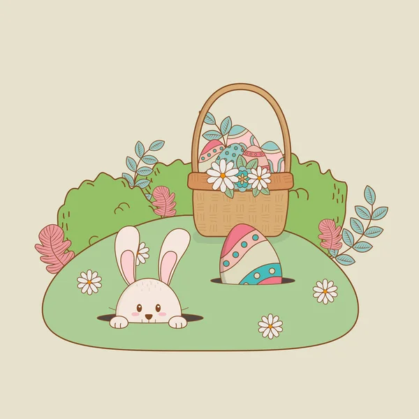 Little rabbit with basket easter character — Stock Vector