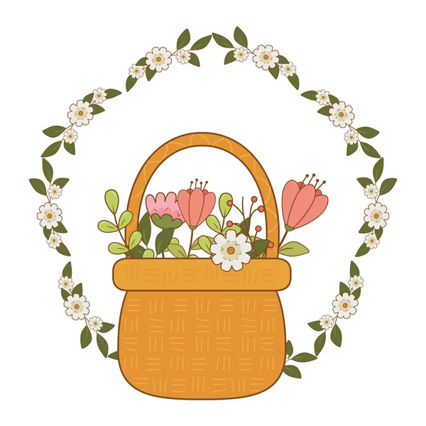 Cute basket straw with flowers garden and crown — Stock Vector