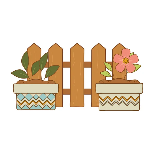 Dřevěný plot s květinami a závod v keramické hrnce — Stockový vektor