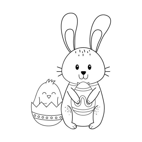 Маленький кролик з яйцями пофарбований у великодній характер — стоковий вектор