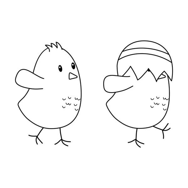 Pollitos con huevos rotos personajes de Pascua — Vector de stock