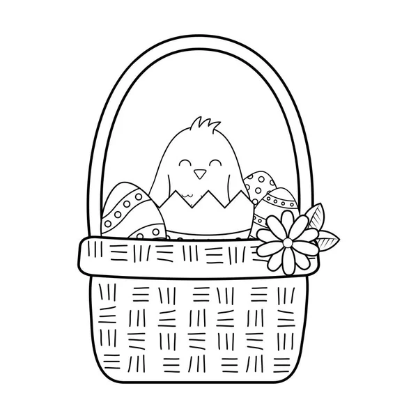 Petit poussin avec oeuf cassé dans le panier floral caractère de Pâques — Image vectorielle