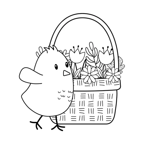 Petit poussin avec des fleurs dans le panier caractère de Pâques — Image vectorielle