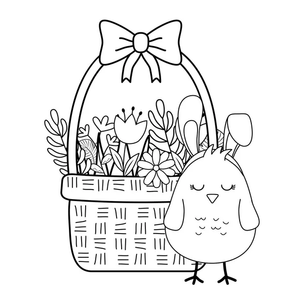 Kleines Küken mit Ohren Kaninchen in Blumenkorb Ostercharakter — Stockvektor