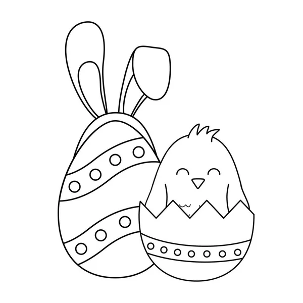 Schönes Ei bemalt mit Ohren Kaninchen und Küken — Stockvektor