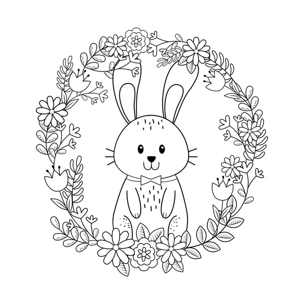 Little rabbit with egg painted and flowers — Stock Vector