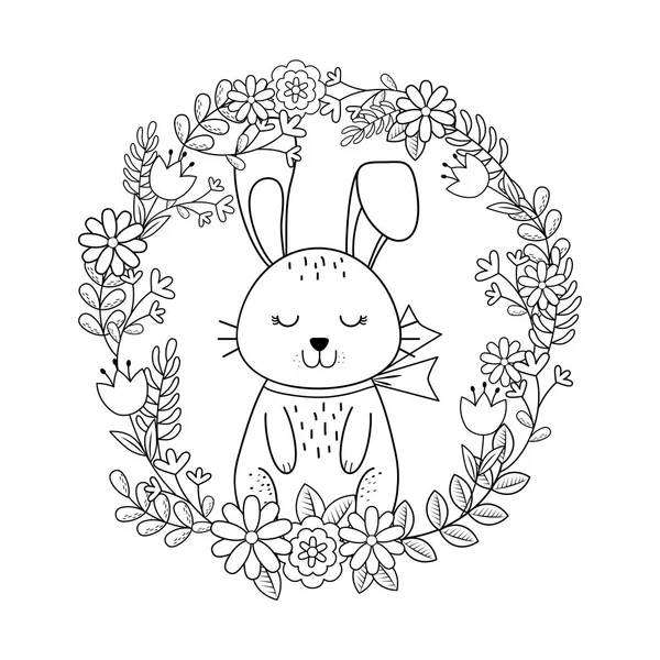 Little rabbit with wreath flowers easter character — Stock Vector