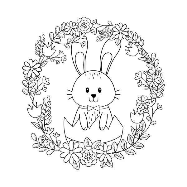 Little rabbit with egg painted and flowers — Stock Vector