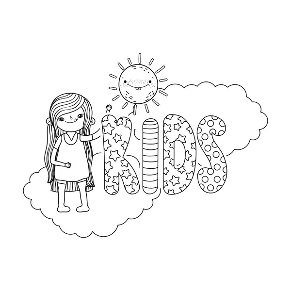 Niña con sol kawaii en las nubes — Vector de stock