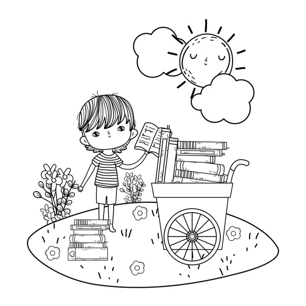 Ευτυχισμένος μικρό αγόρι με καλάθι του βιβλία στον τομέα — Διανυσματικό Αρχείο