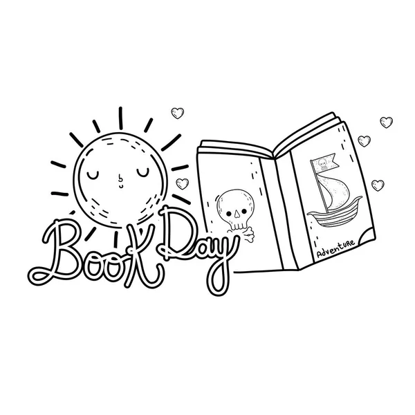 Livro de texto pirata com sol kawaii celebração do dia — Vetor de Stock
