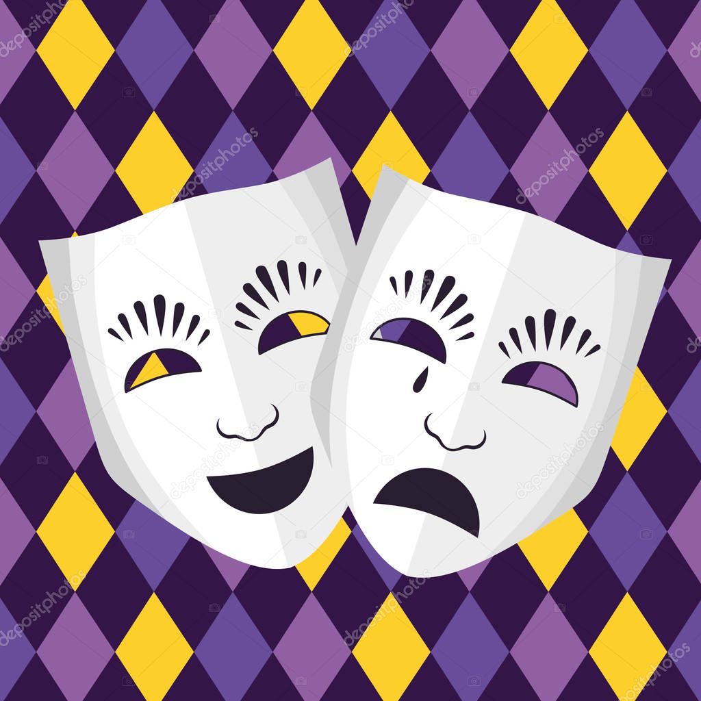 Theatrical mask icon with harlequin background vector illustration graphic design