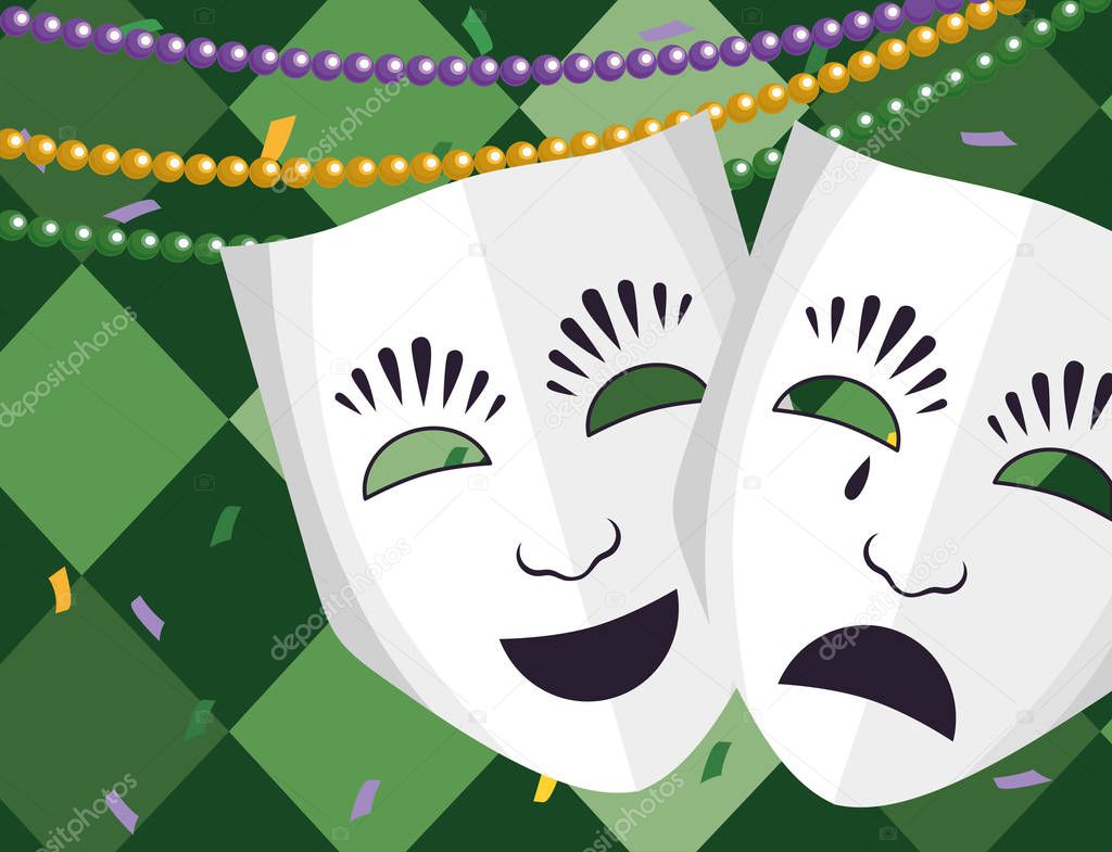 Theatrical mask with beads and harlequin background vector illustration graphic design