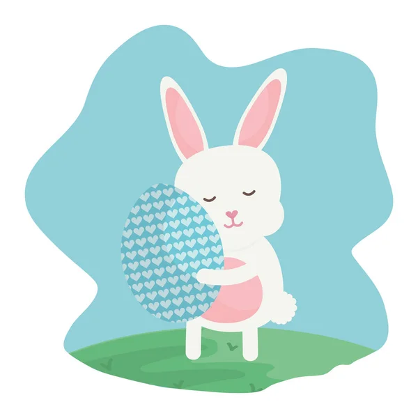 Cute rabbit with easter egg painted in the landscape — Stock Vector