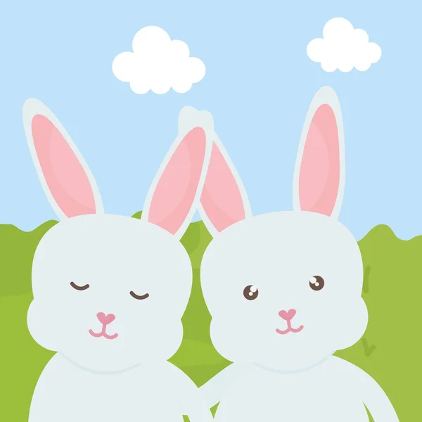 Cute rabbits in the landscape characters — Stock Vector