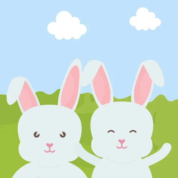 Cute rabbits in the landscape characters — Stock Vector