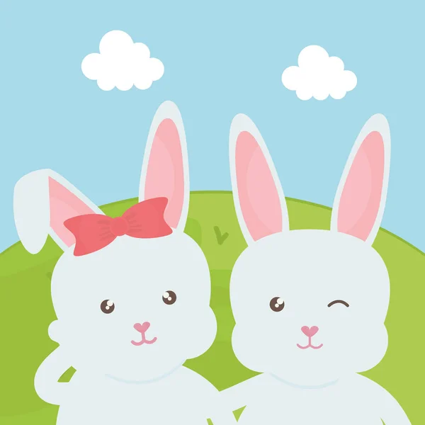 Cute rabbits in the landscape characters — Stock Vector