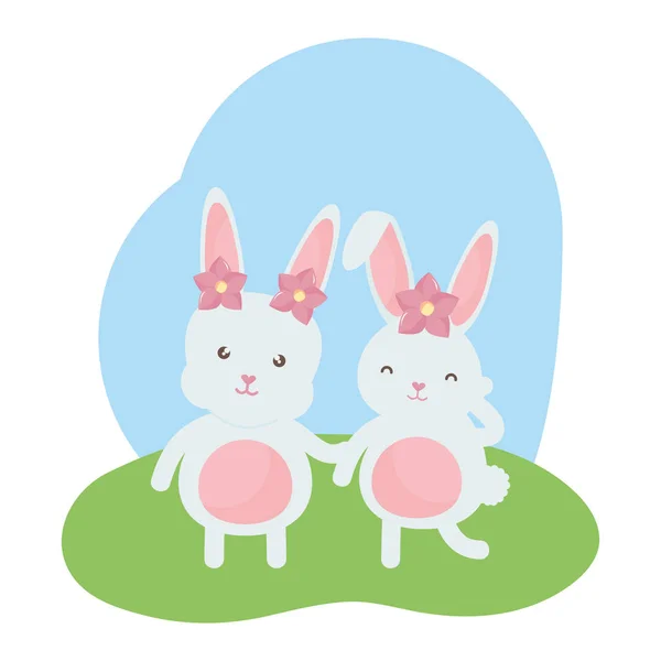 Cute rabbits in the landscape characters — Stock Vector