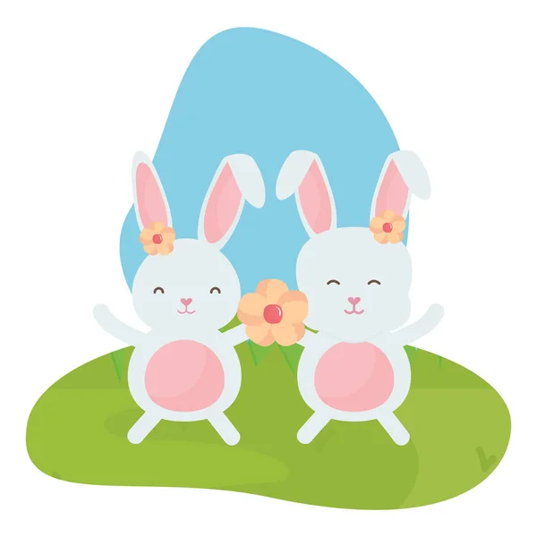 Cute rabbits in the landscape characters — Stock Vector