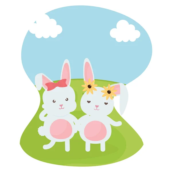 Cute rabbits in the landscape characters — Stock Vector