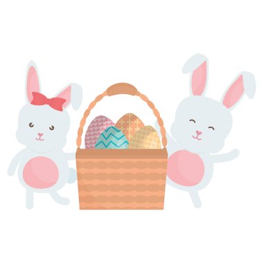 Paskalya yumurtaları ile sevimli tavşan sepet içinde boyalı