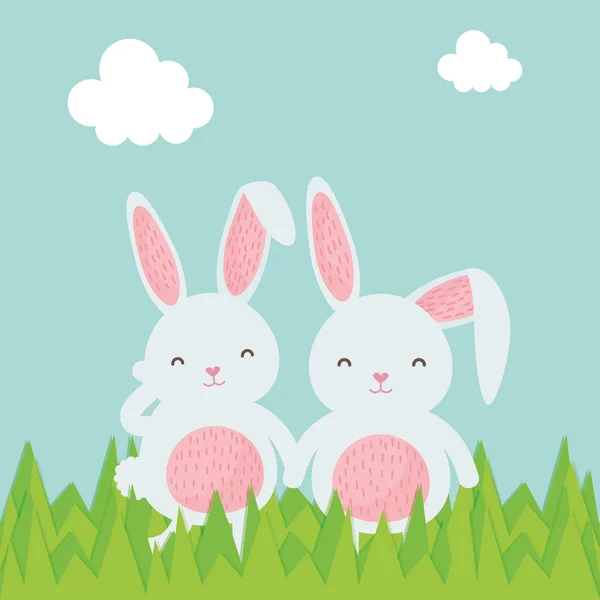 Cute rabbits in the landscape characters — Stock Vector