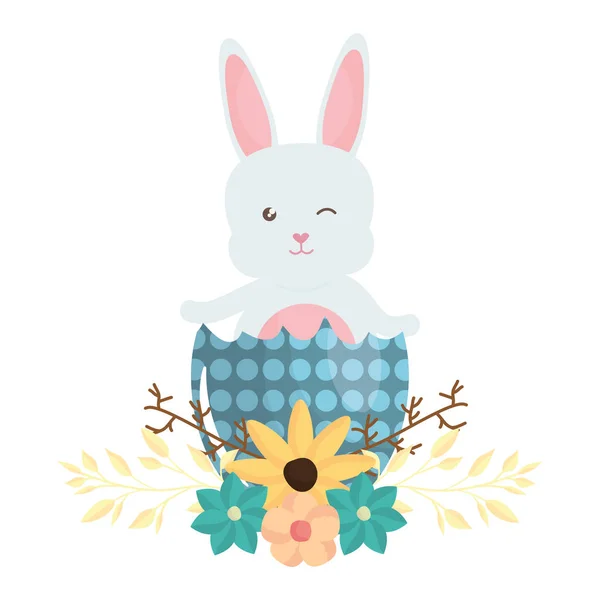 Lapin mignon avec oeuf de Pâques peint et fleurs — Image vectorielle