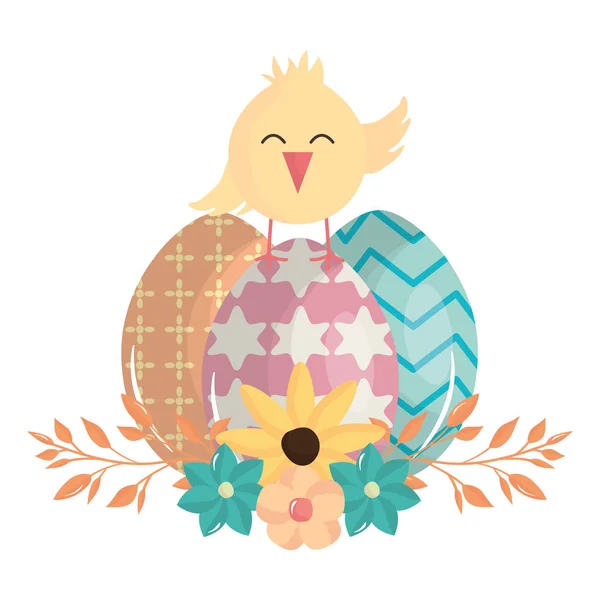 Petit poussin avec oeufs peint caractère de Pâques — Image vectorielle