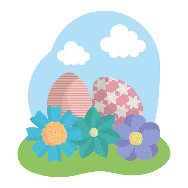 Huevos pintados de Pascua con flores en el campo — Vector de stock