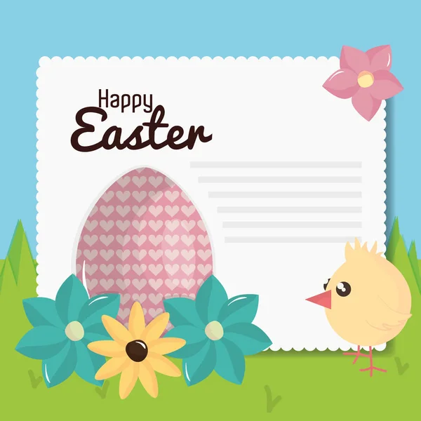 Pequeño polluelo con huevo pintado carácter de Pascua — Vector de stock