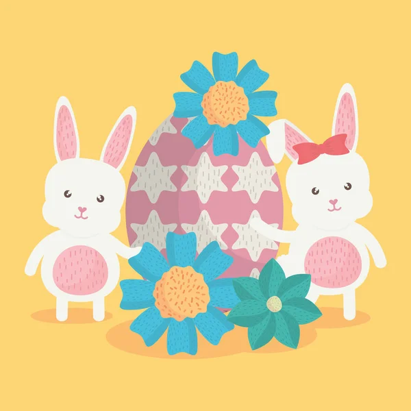 Милые кролики с пасхальными яйцами и цветами — стоковый вектор