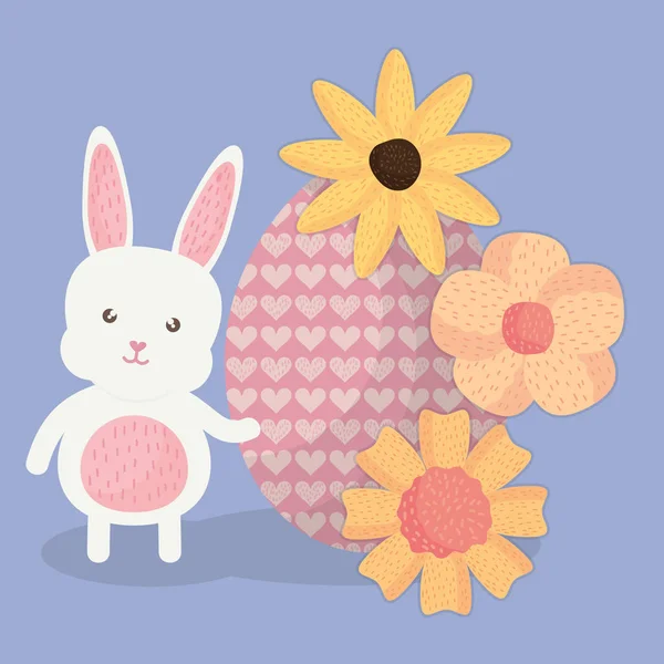 Schattig konijn met paasei geschilderd en bloemen — Stockvector