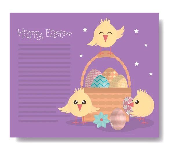 Cute little chicks with basket and eggs easter characters — Stock Vector