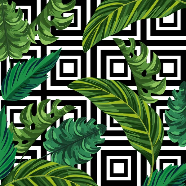 Blätter Pflanzen und geometrische Figuren Hintergrund — Stockvektor