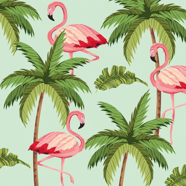 Exotic flamingos with palm tree background — Stock Vector