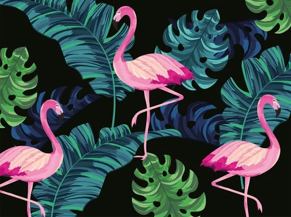 热带火烈鸟与异国情调的叶子背景 — 图库矢量图片