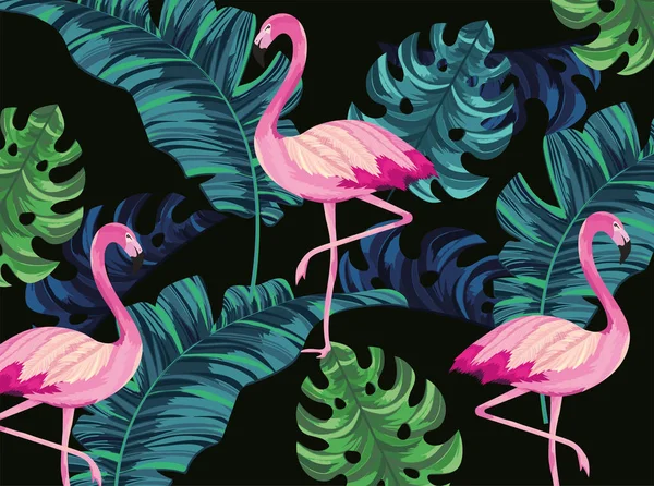 Flamencos tropicales con hojas exóticas de fondo — Archivo Imágenes Vectoriales