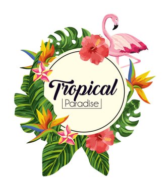 egzotik yaprakları ile tropikal çiçeklerle etiket